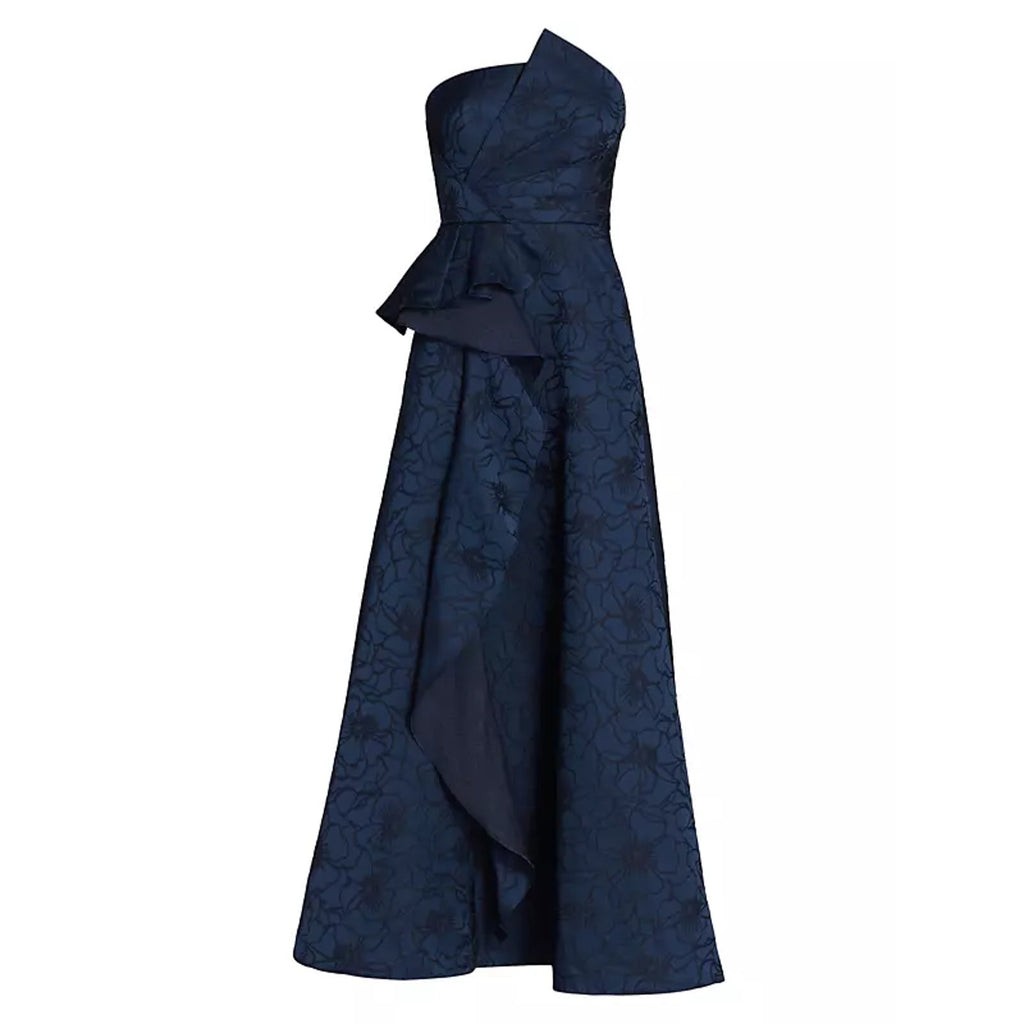 Ml Monique Lhuillier Blue Polyester Floral Jacquard Ball Gown Size 2