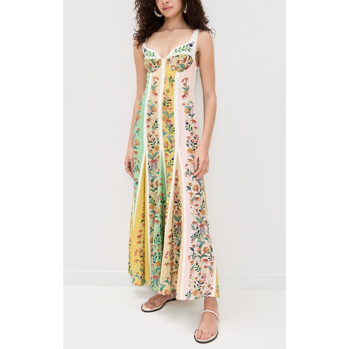 Farm Rio 'Delicate' Green Linen Floral Stripes Sleeveless Gore Dress Size XS