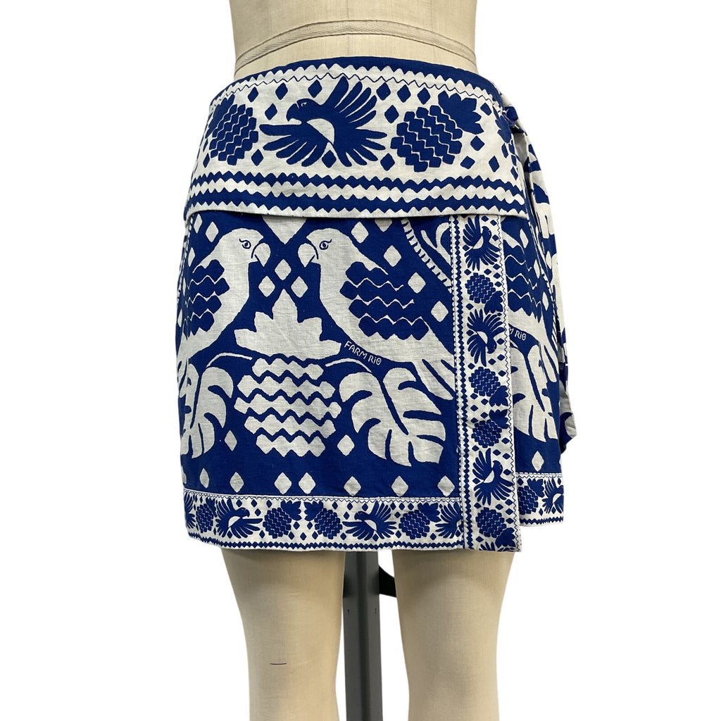 Farm Rio 'Jungle' Blue Viscose Scarf Wrap Mini Skirt Size M