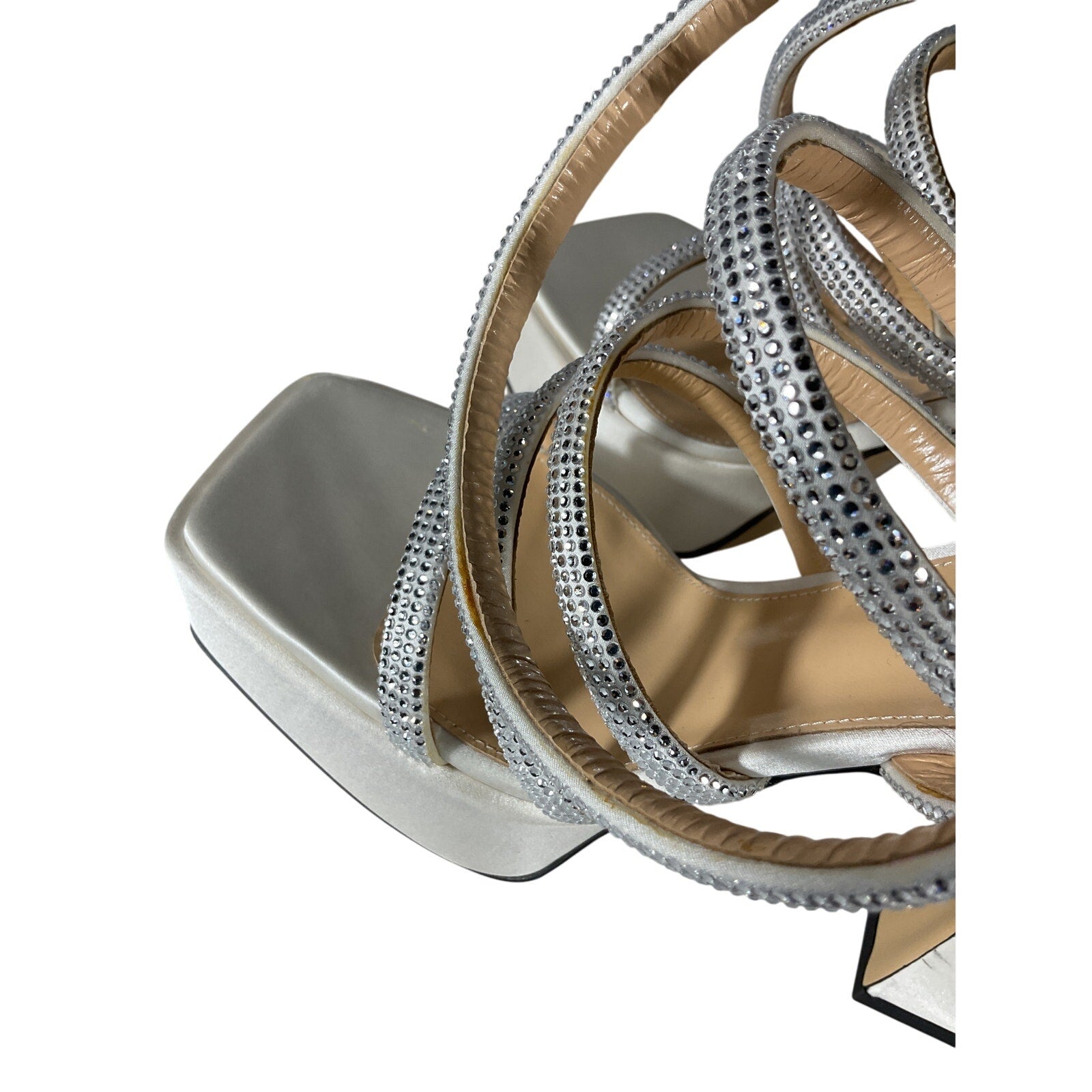 Mach & Mach Crystal-Embellished White Satin Platform Sandals Size 8.5