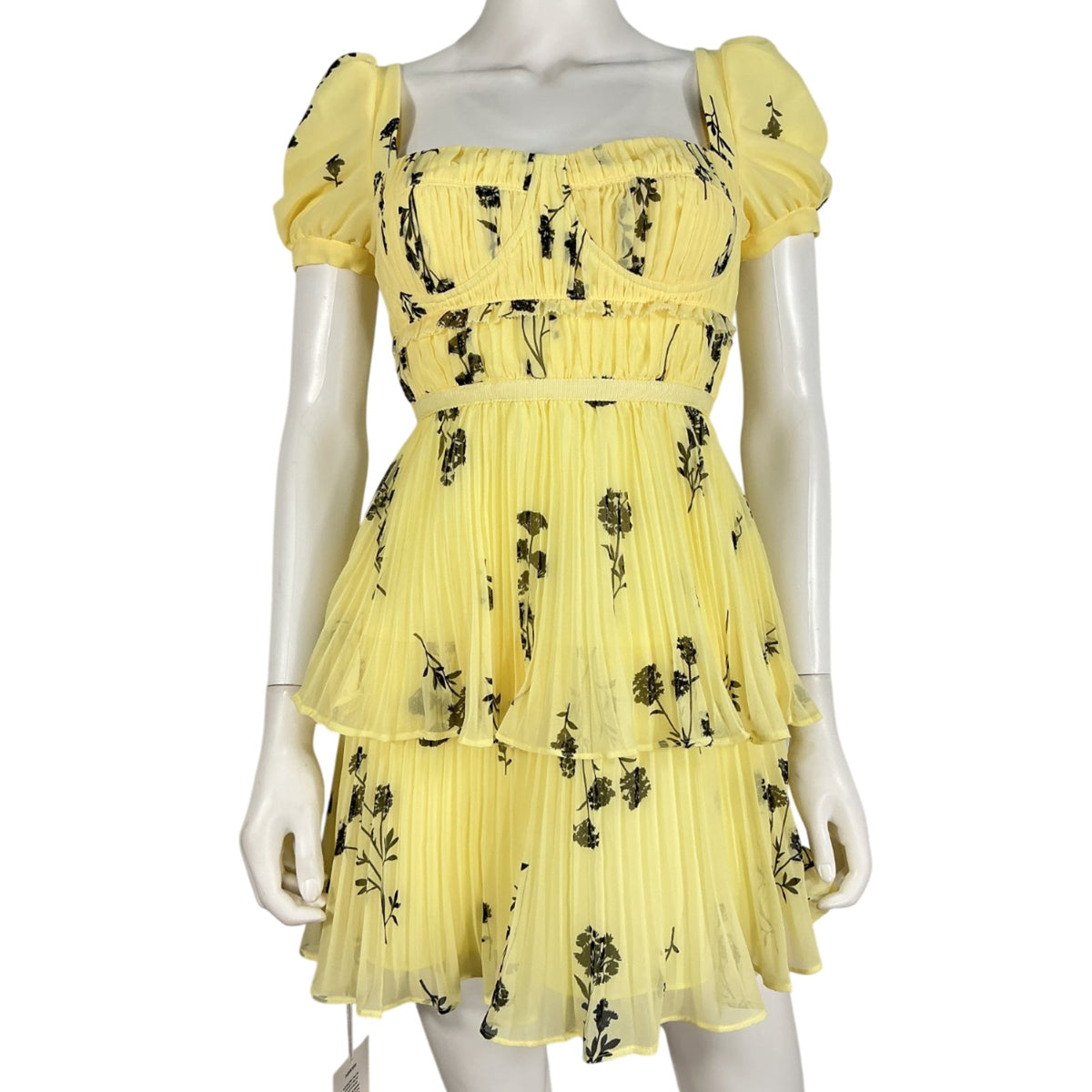 Self-Portrait Romantic Yellow Floral Silhouette Chiffon Tiered Mini Dress Size 0