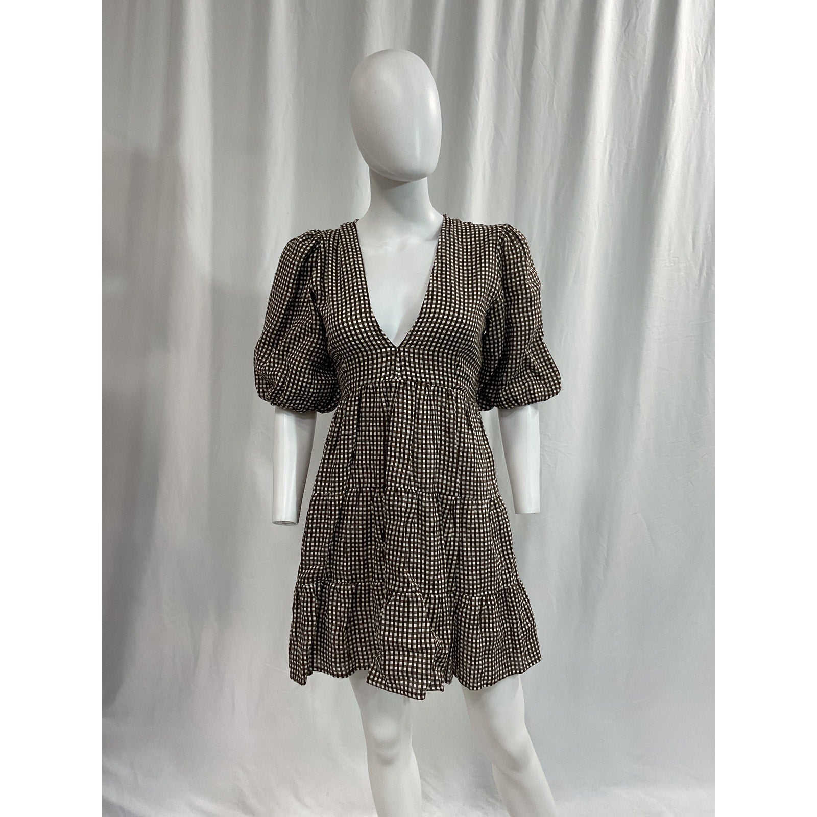 Faithfull The Brand 'Elmiya' Black V Neck Cocoa Check Print Mini Dress Size S