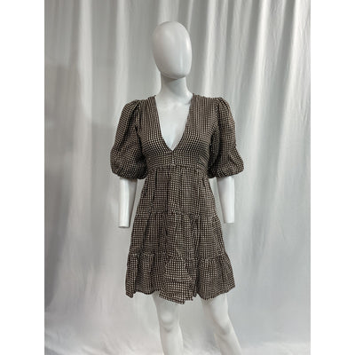 Faithfull The Brand 'Elmiya' Black V Neck Cocoa Check Print Mini Dress Size S