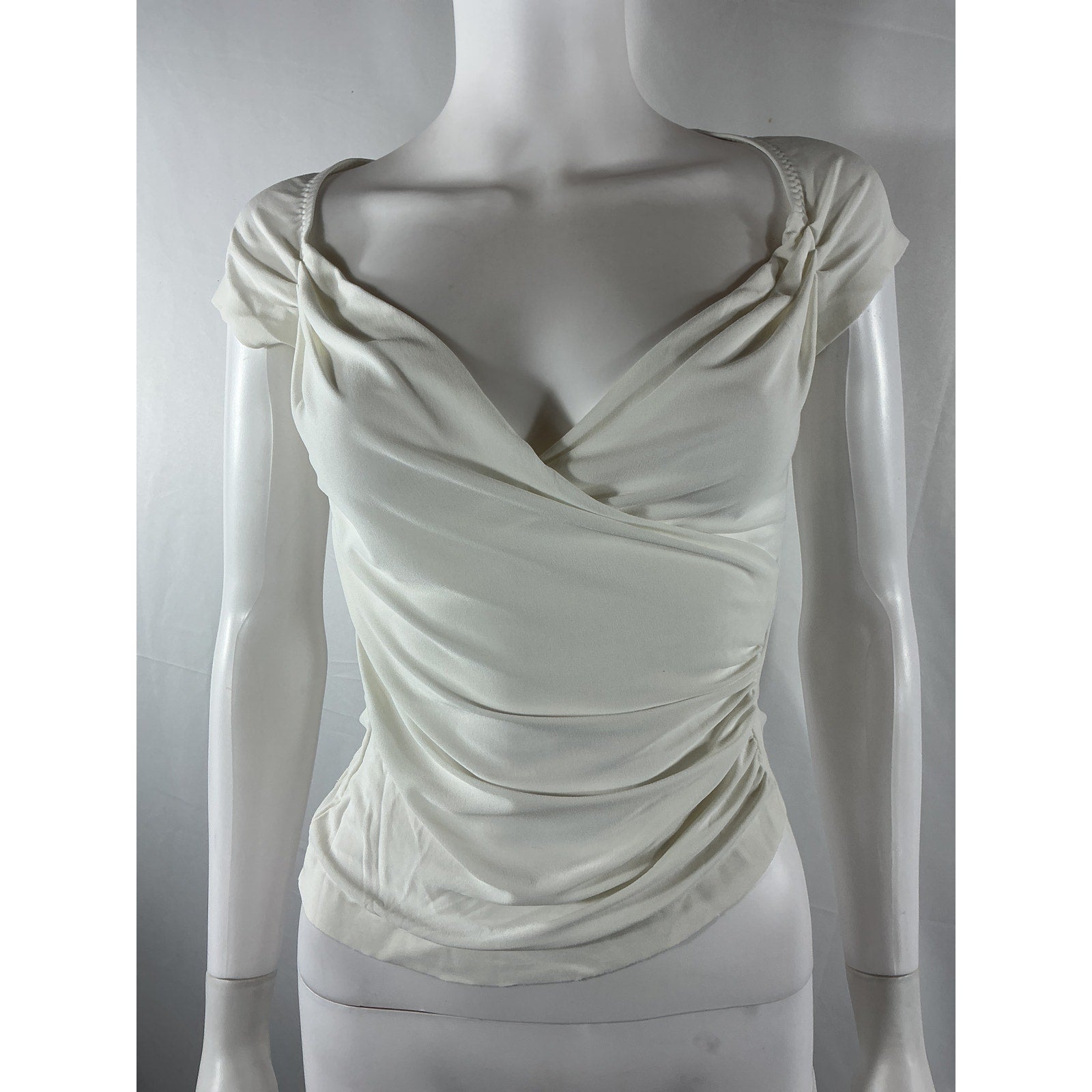 Norma Kamali Cap Sleeve White Polyester Sweetheart Side Drape Top Size XS