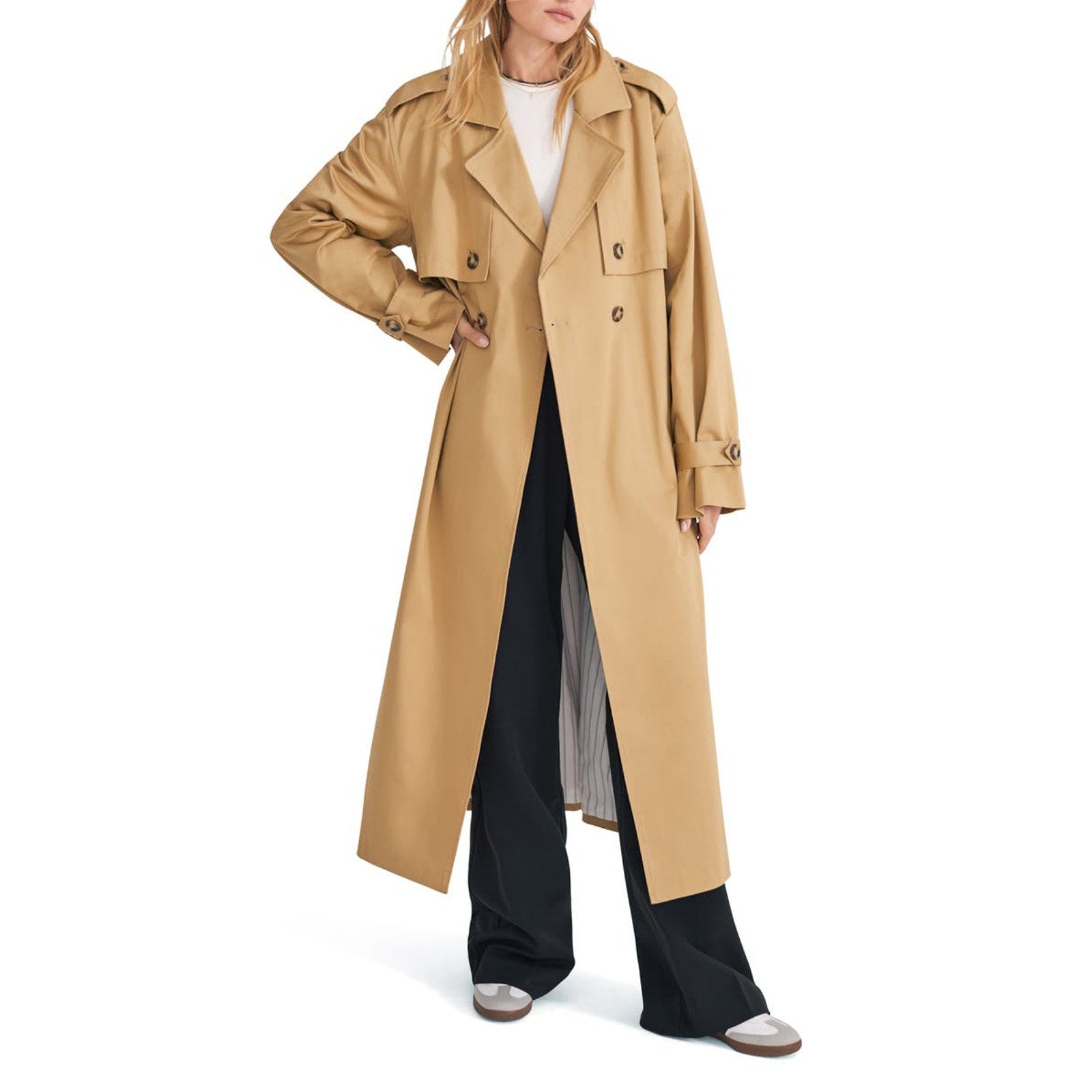 Favorite Daughter 'The Charles' Tan Tie Waist Double Breasted Trench Coat Size L - NWT