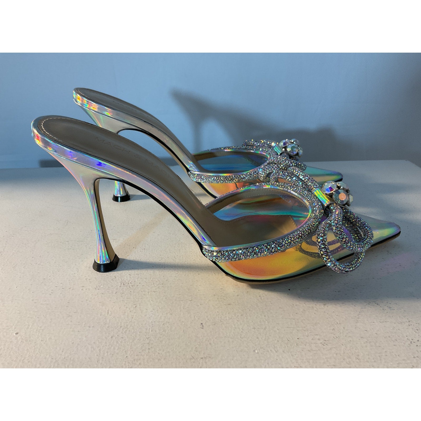 Mach & Mach 'Double-Bow' Silver Crystal-Embellished Leather Size 8