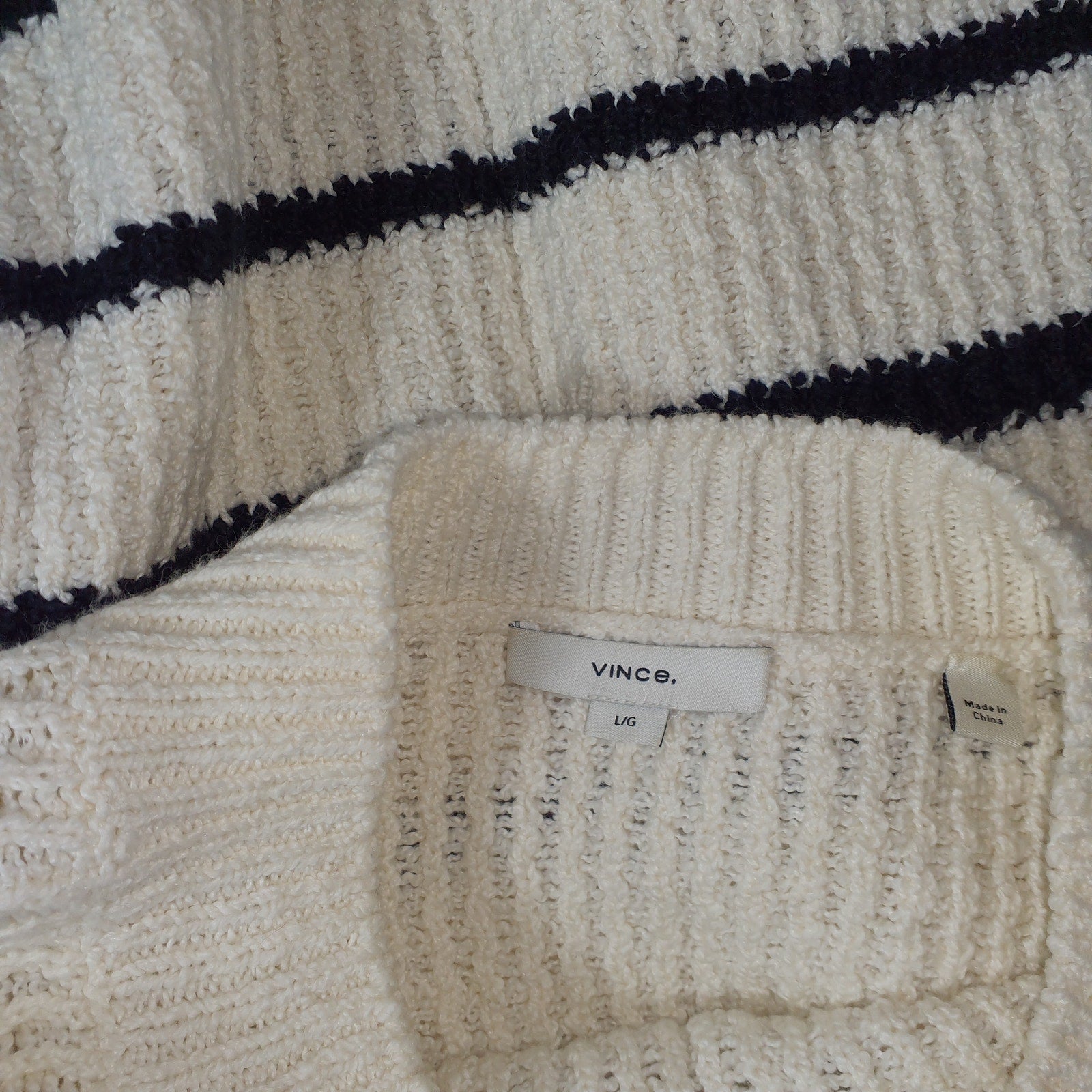 Vince Rib Stripe White Crewneck Long Sleeve Sweater Size L