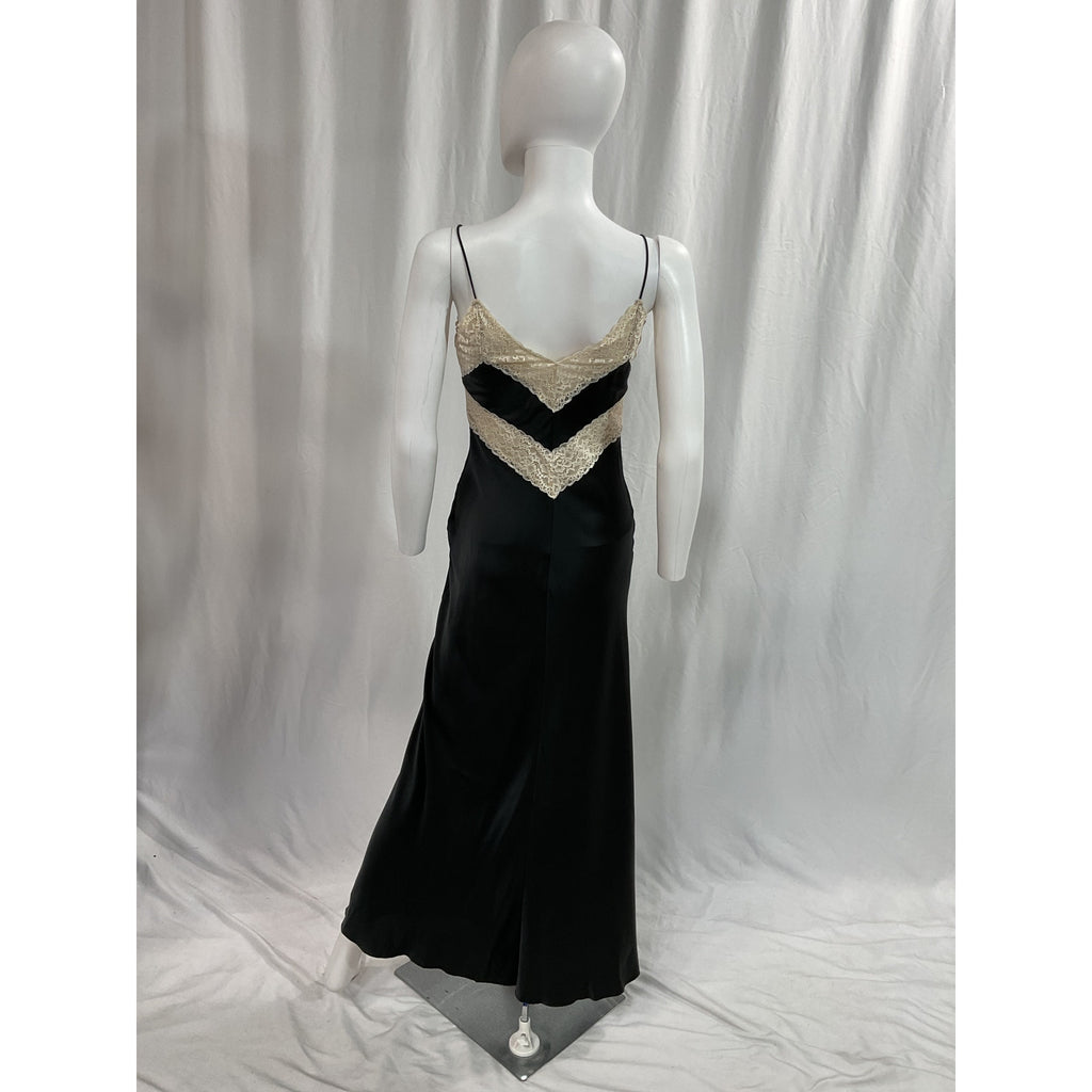 Loveshackfancy 'Serita' Black Lace-Trim V Neck Sleeveless Silk Maxi Slip Dress Size XS