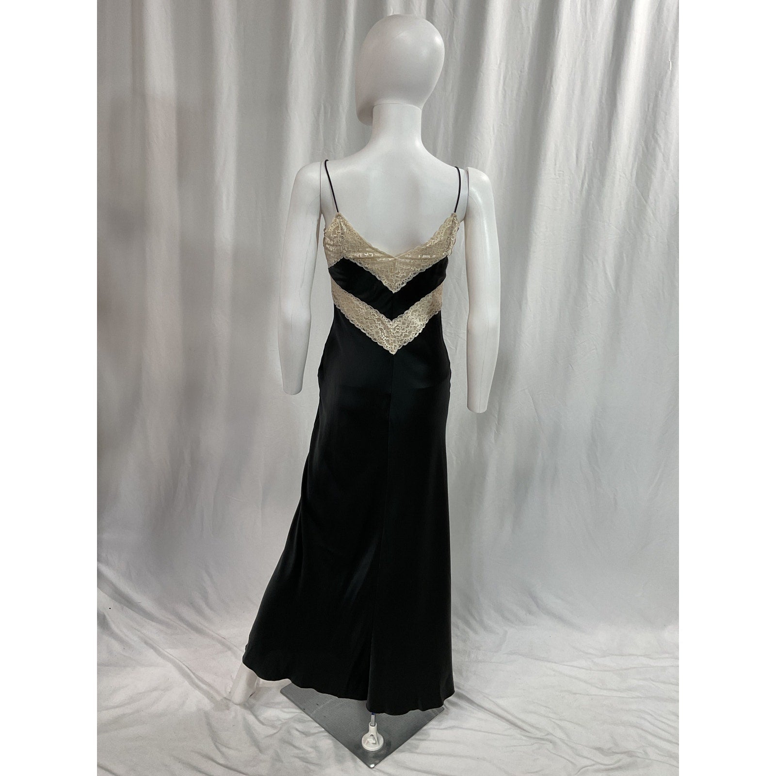 Loveshackfancy 'Serita' Black Lace-Trim V Neck Sleeveless Silk Maxi Slip Dress Size XS