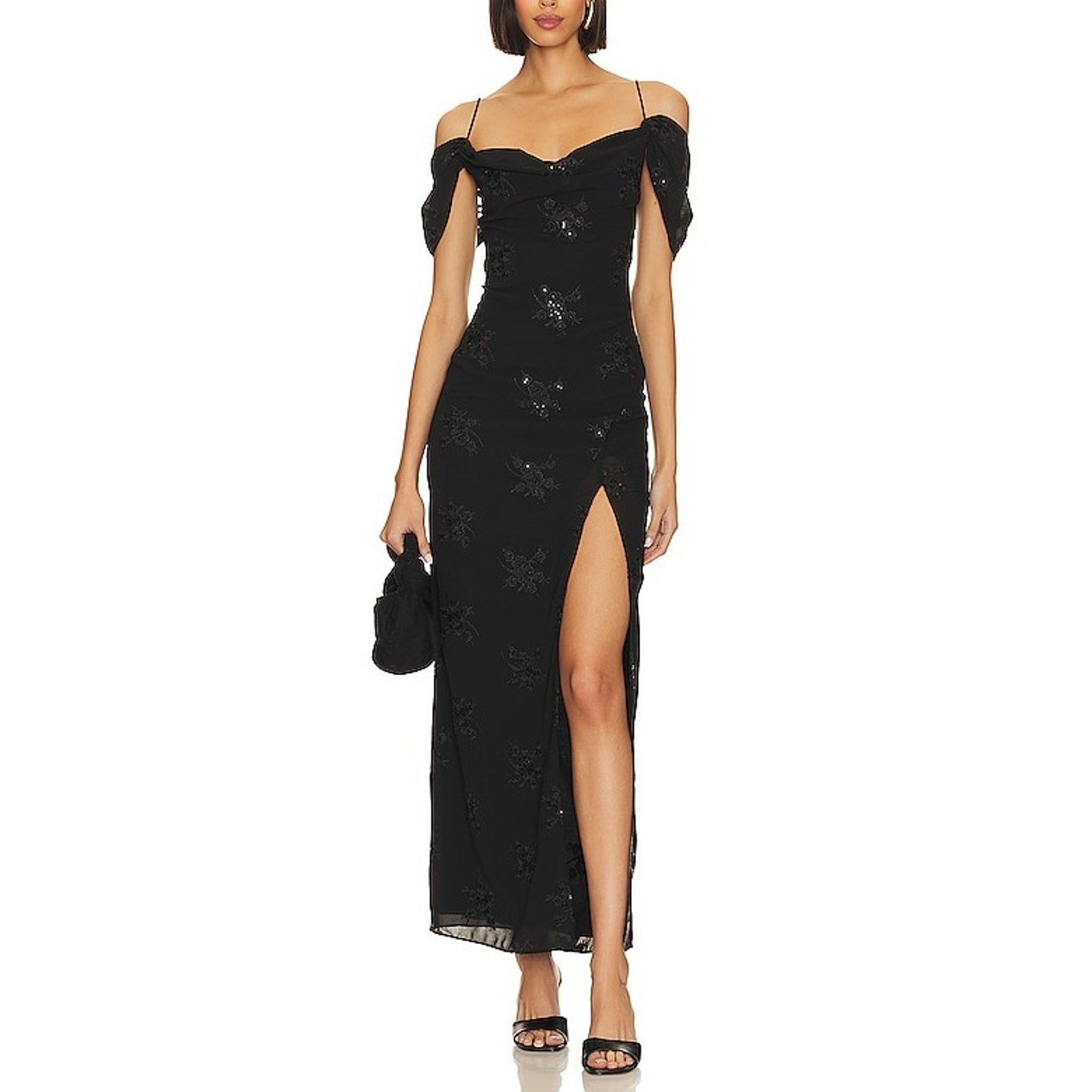 Lpa 'Yvanna' Black Embroidered Open Back Crepe Floral Maxi Dress Size S