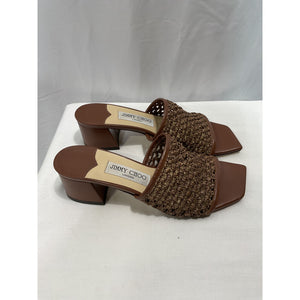 Jimmy Choo Woven Raffia Open Toe Slides - Size 7