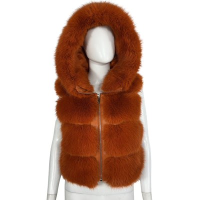 Adrienne Landau Plush Orange Faux Fur Hooded Vest Size S