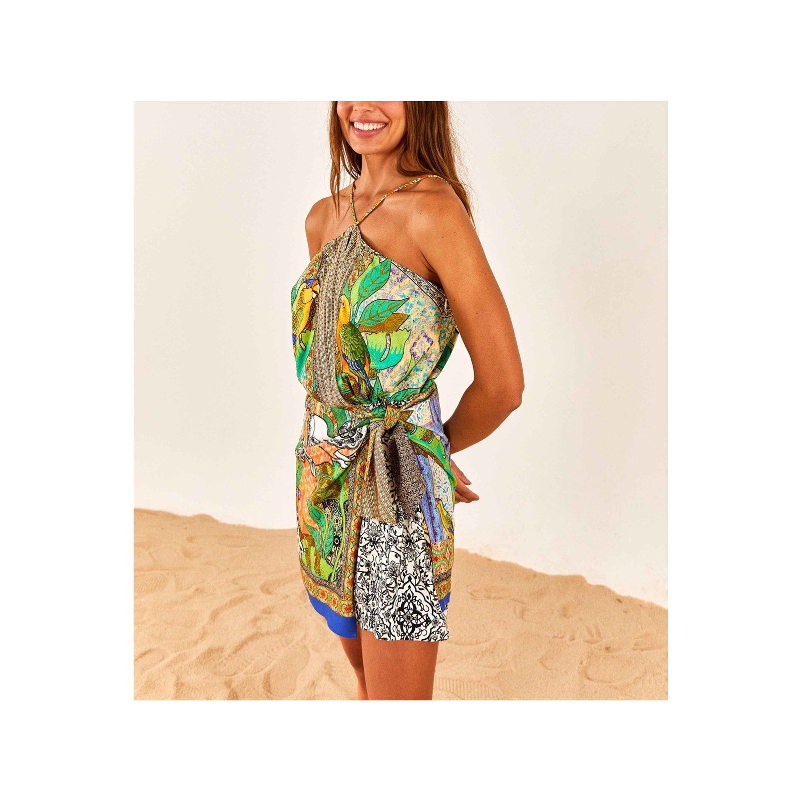 Farm Rio 'Gayatri' Green Lenzing Halter Neck Mini Dress Size XS