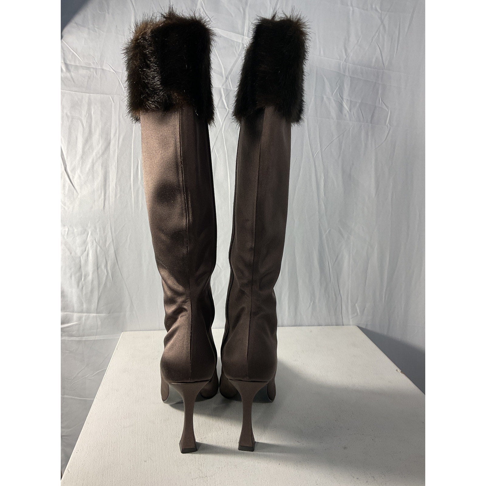 Magda Butrym 'Faux' Brown Fur-Trimmed Satin Knee Boots Size 8