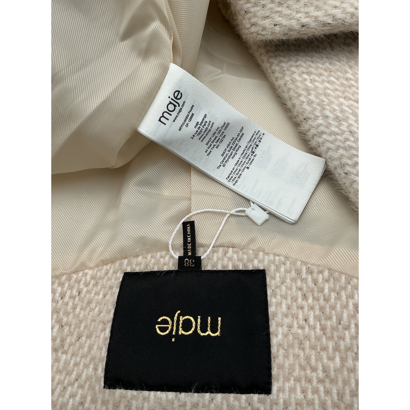 Maje 'Gabyna' Beige Polyester Double-Breasted Metallic Brushed Tweed Coat Size 38