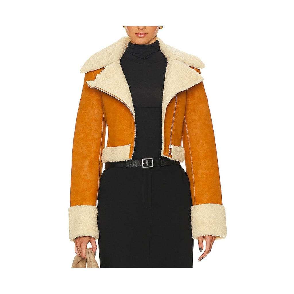 L'Academie X 'Bridget' Tan Polyester Taryn Fitted Faux Shearling Jacket Size S