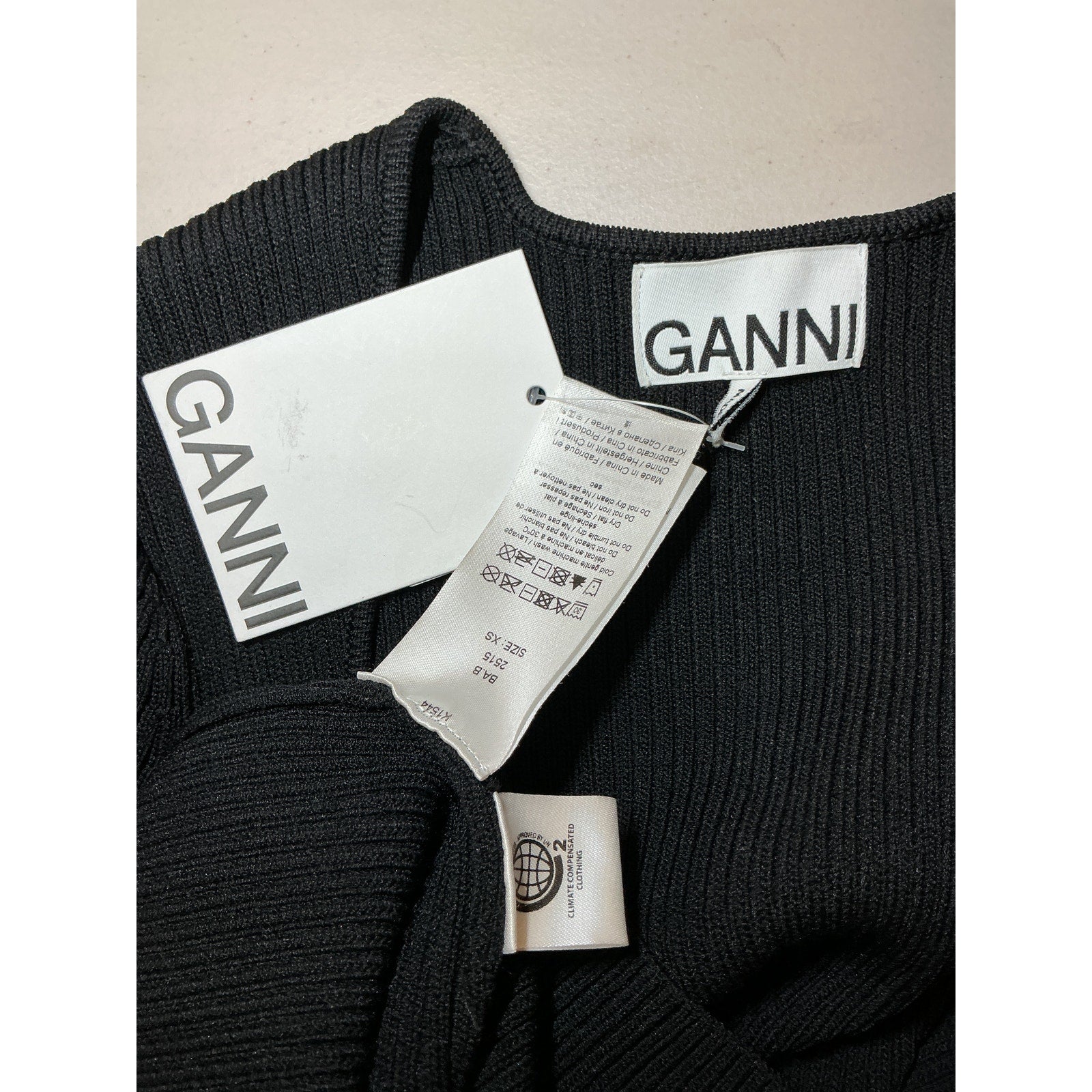 Ganni Square-Neck Black Ribbed-Knit Midi Dress Size XS - NWT
