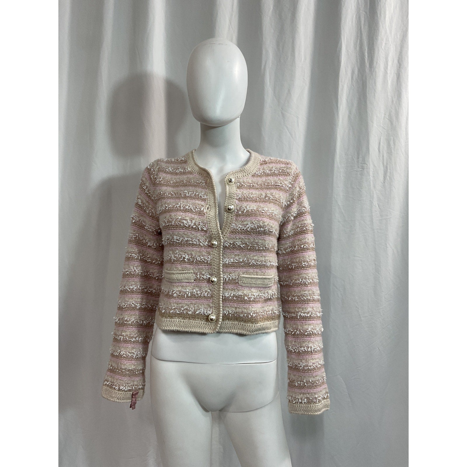 Loveshackfancy 'Kesi' Pink Pearl Button Star Accent Striped Cardigan Size S