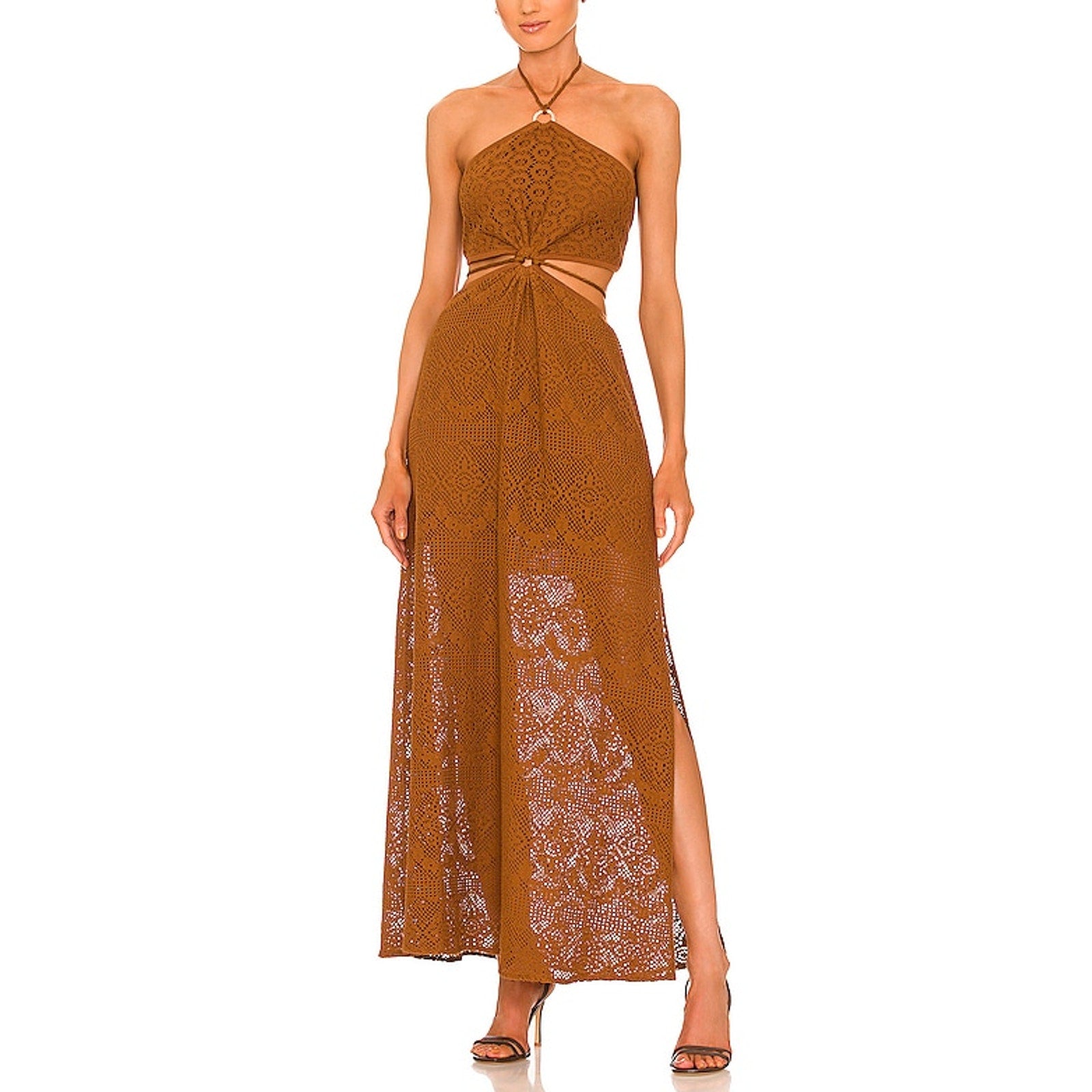 Simkhai 'Georgiana' Brown Crochet Halter Maxi Dress Size XS