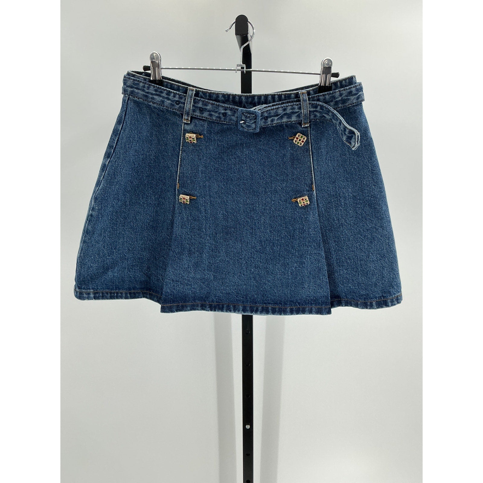 Self-Portrait Belted Blue Cotton Pleated Denim Mini Skirt Size M / 8 US