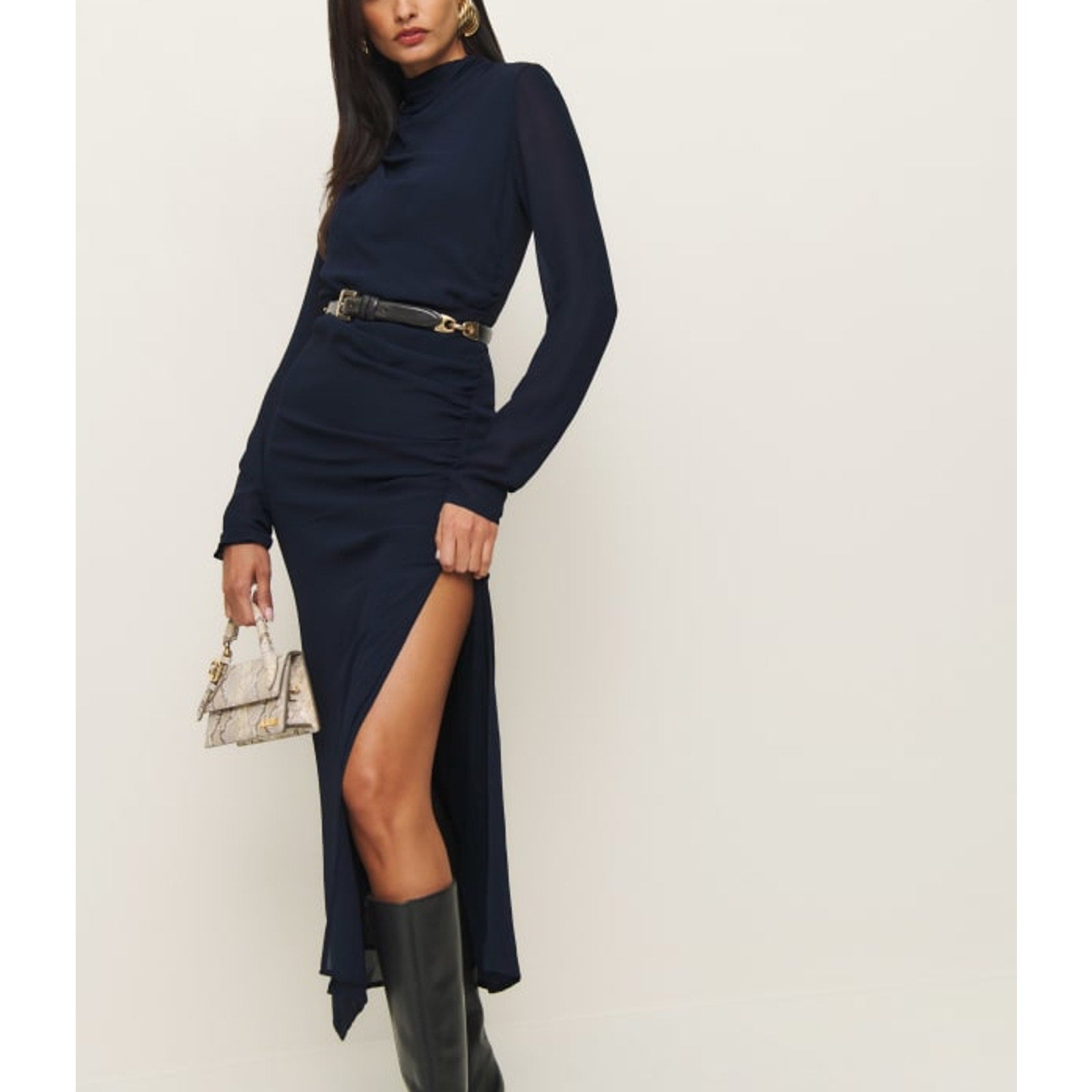 Reformation 'Tilda' Blue Long Sleeve Midi High Neckline Dress Size 2 - NWT