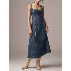 Elliatt 'Cora' Navy Denim Midi Square Neck Dress Size S