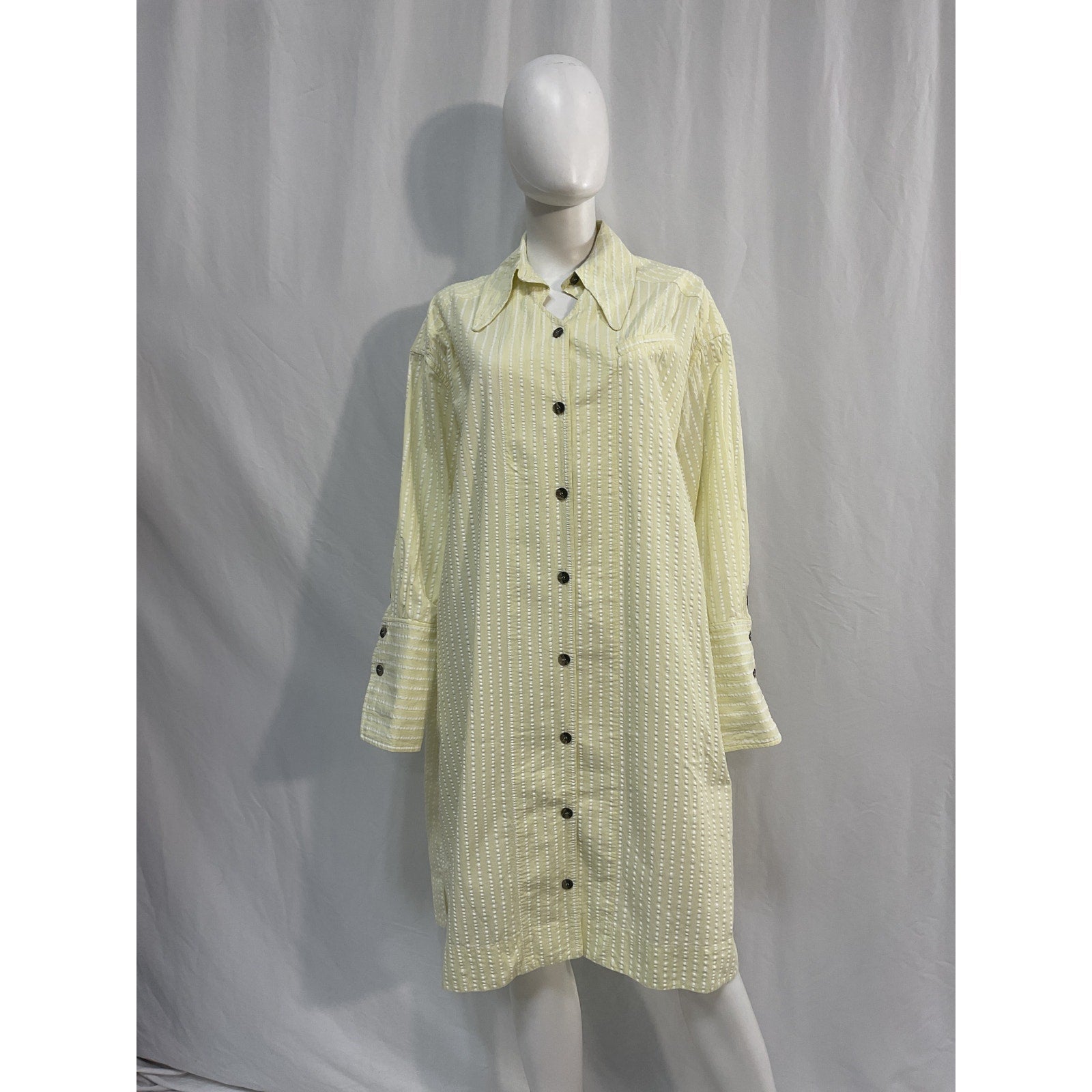 Ganni Striped Organic White Cotton-Seersucker Midi Shirt Dress Size S / M
