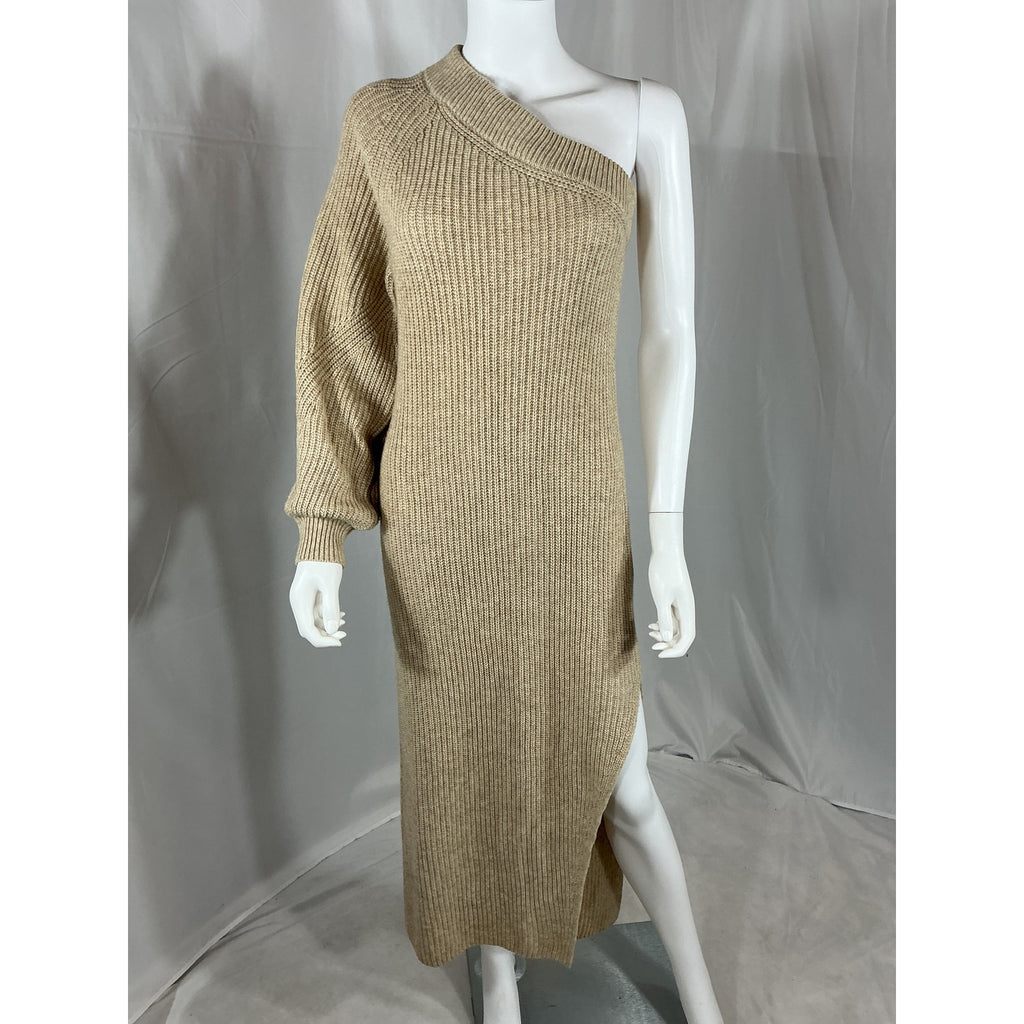 L'Academie 'Feride' Beige Acrylic One Shoulder Midi Dress Size XS