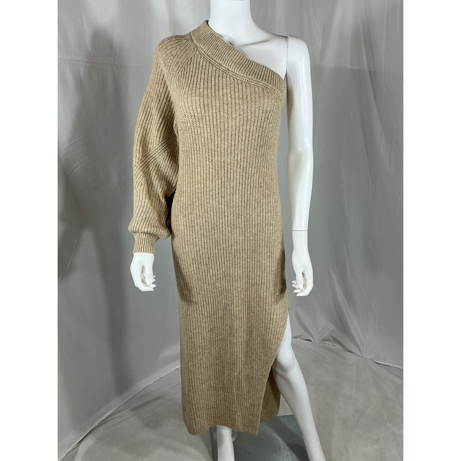 L'Academie 'Feride' Beige Acrylic One Shoulder Midi Dress Size XS