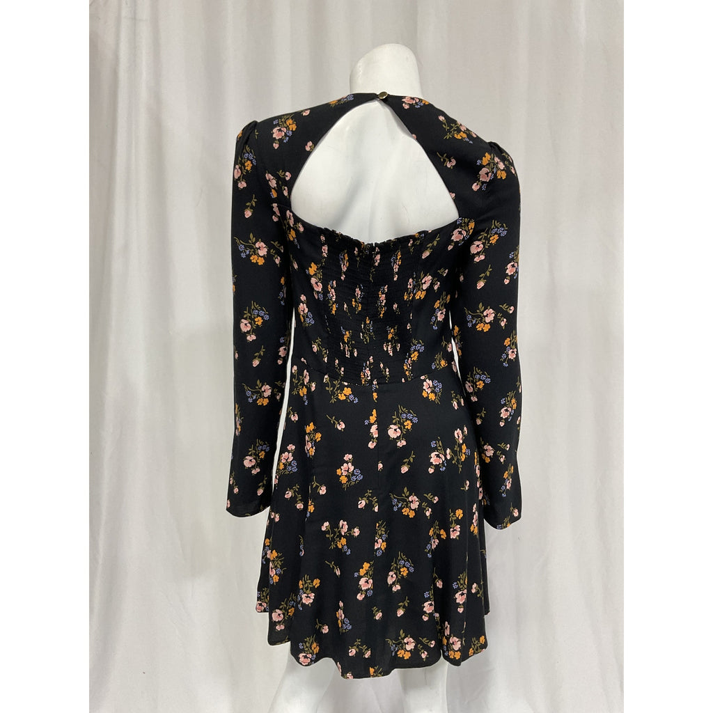 Reformation 'Indira' Black Floral Print Cut Out Long Sleeve Mini Dress Size 10