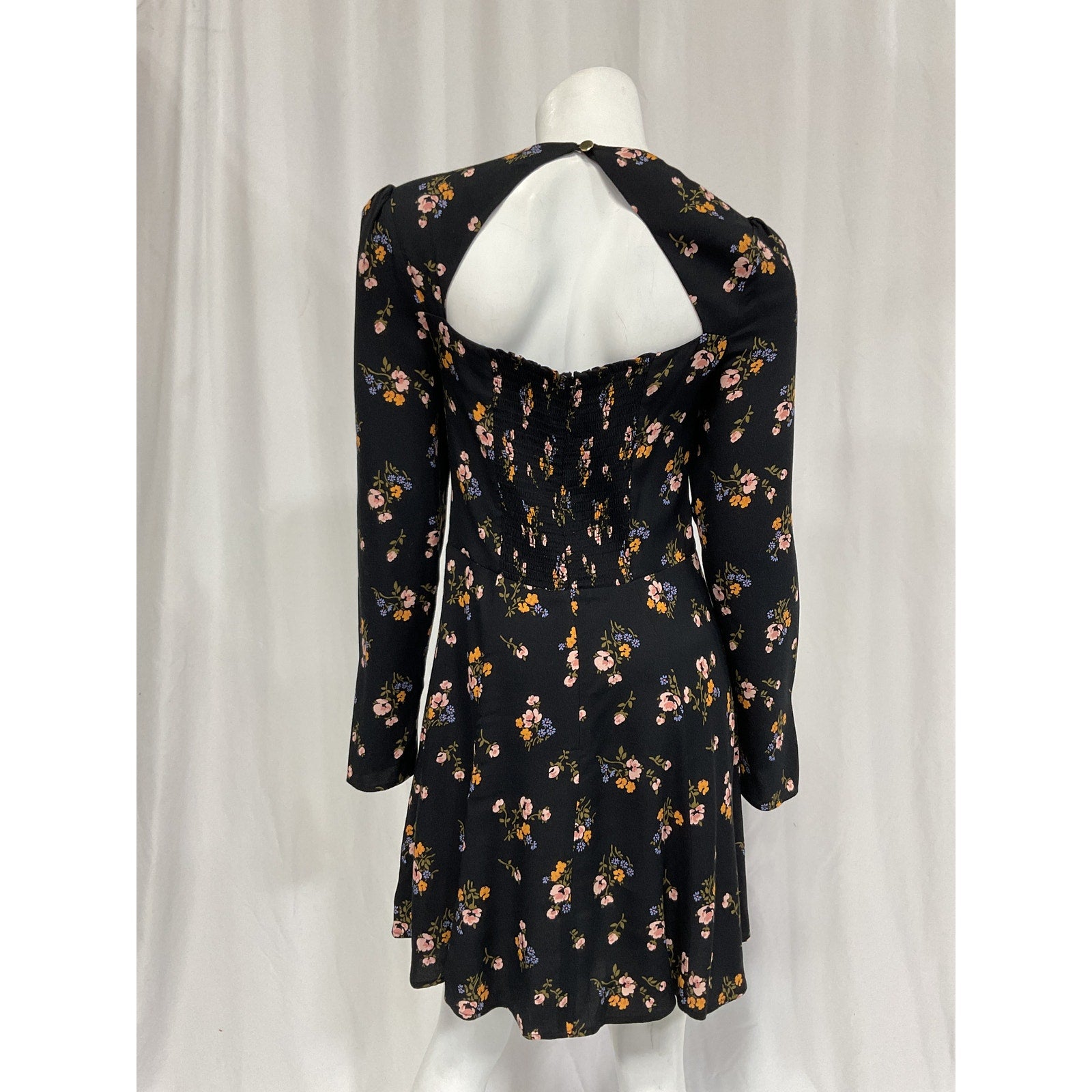 Reformation 'Indira' Black Floral Print Cut Out Long Sleeve Mini Dress Size 10