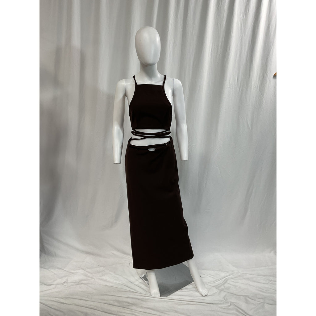 Christopher Esber 'Wrapped' Brown Back Cut Out Interlock Tie Halter Dress Size 2