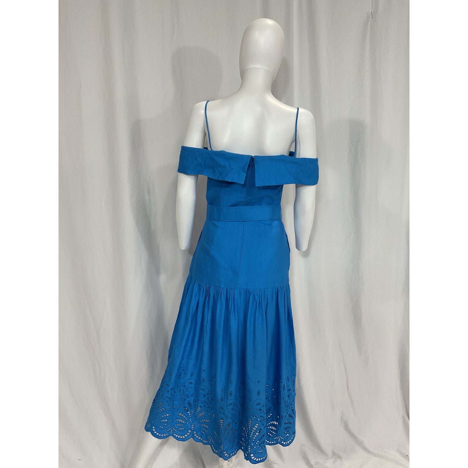 Rebecca Vallance 'Isidora' Blue Sleeveless Belted Linen & Cotton Midi Dress Size 2