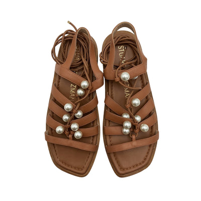 Stuart Weitzman Pearl Embellished Brown Goldie Lace Up Sandals Size 6.5