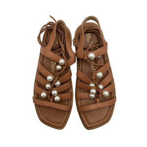 Stuart Weitzman Pearl Embellished Brown Goldie Lace Up Sandals Size 6.5