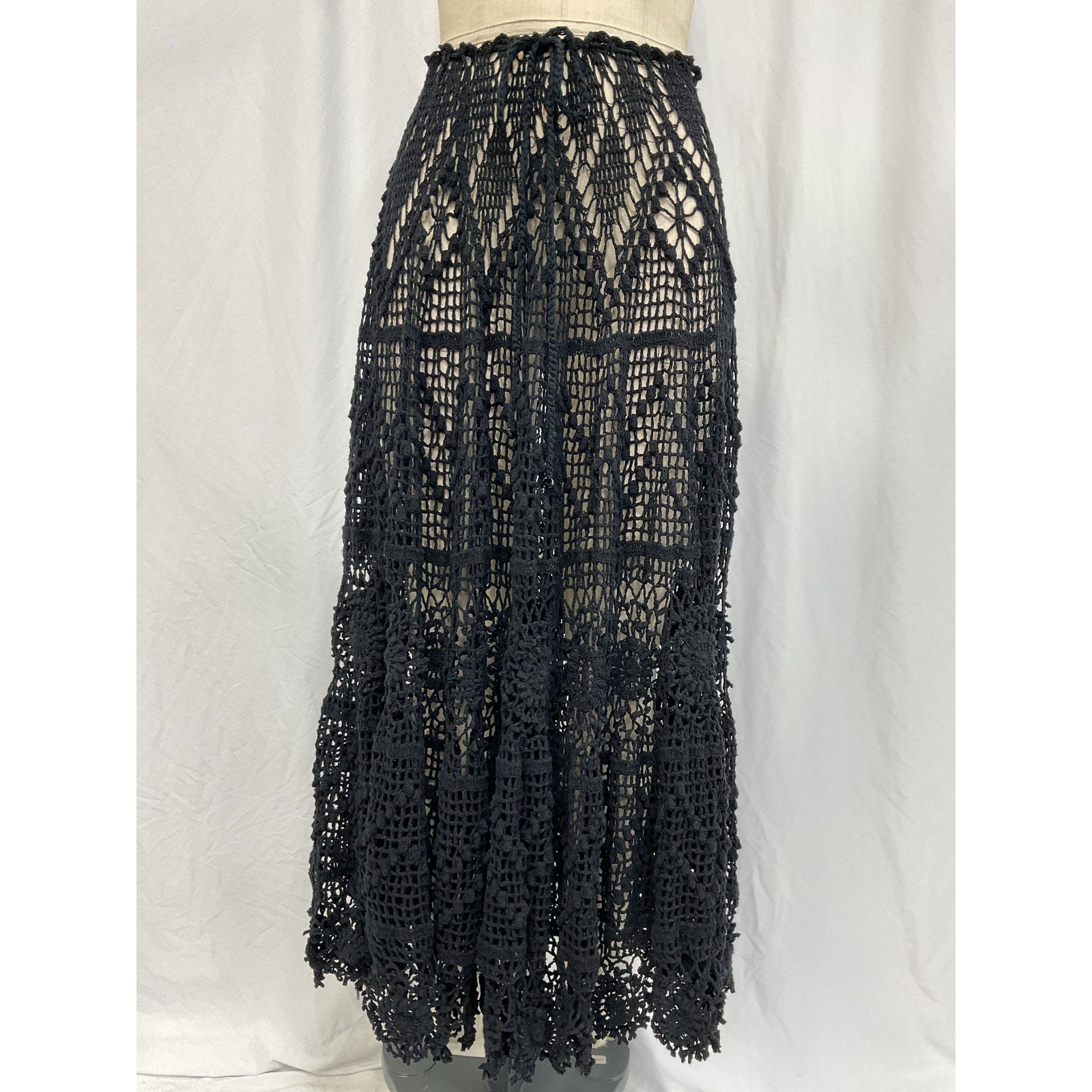 Alix Pinho 'Joyce' Black Cotton Crocheted Maxi Skirt Size L