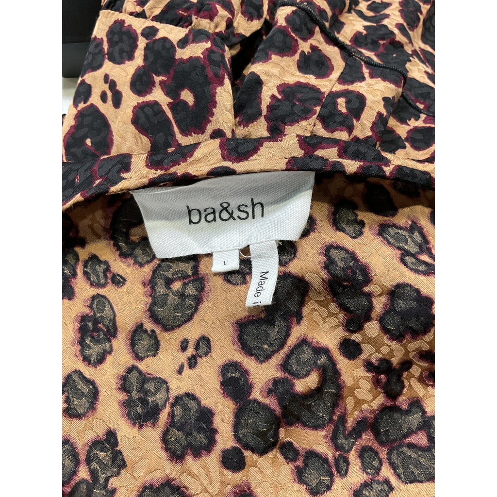 Ba&Sh Animal Print Brown Three Quarter Sleeve V Neck Midi Dress Size L