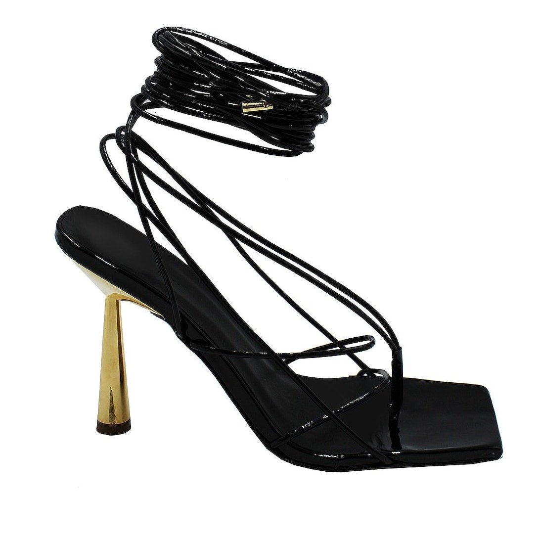 Gia Borghini Patent Black Rhw Short Lace Up Sandal Size 39 EU / US 9