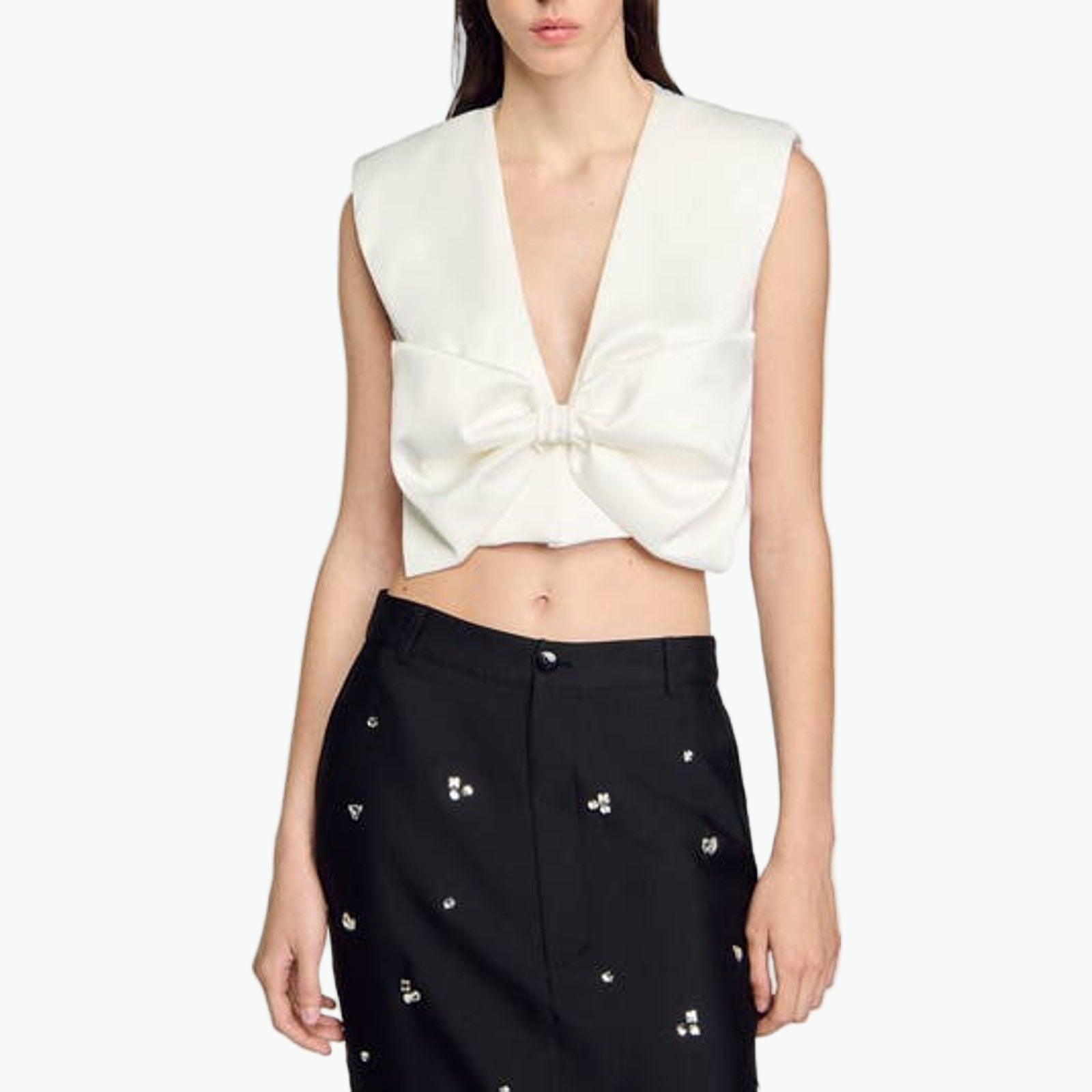 Sandro Satin-Effect White Polyester Crop Top Size 1