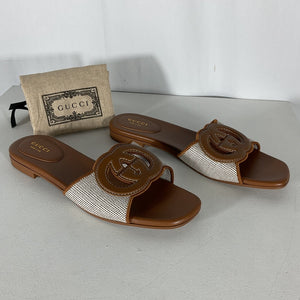 Gucci Leather Trimmed Brown Interlocking G Slides Size 39 IT / US 9