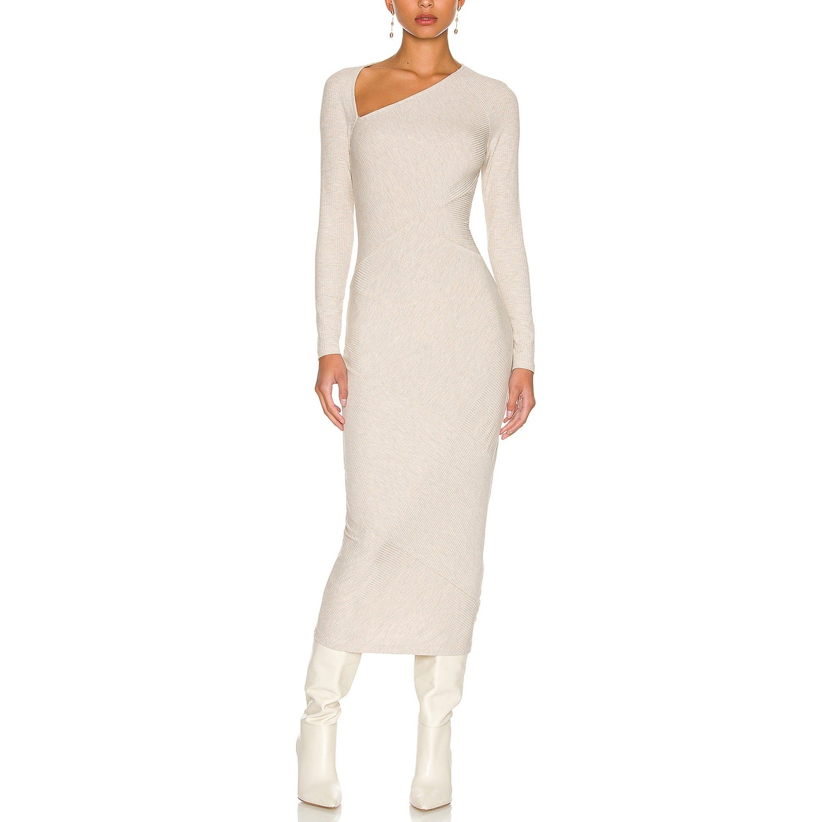Simkhai 'Jane' White Shaping Rib Long Sleeve Diagonal Cut Dress Size XS - NWT