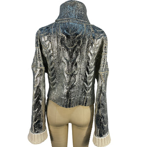 Balmain Metallic Silver Cable Knit Turtleneck Sweater Size FR 36 / US 2