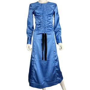 Ganni Ruched Blue Satin Midi Dress Size 32
