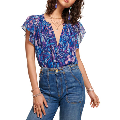 Ramy Brook Printed Navy Ikat Ember Blouse Size XS