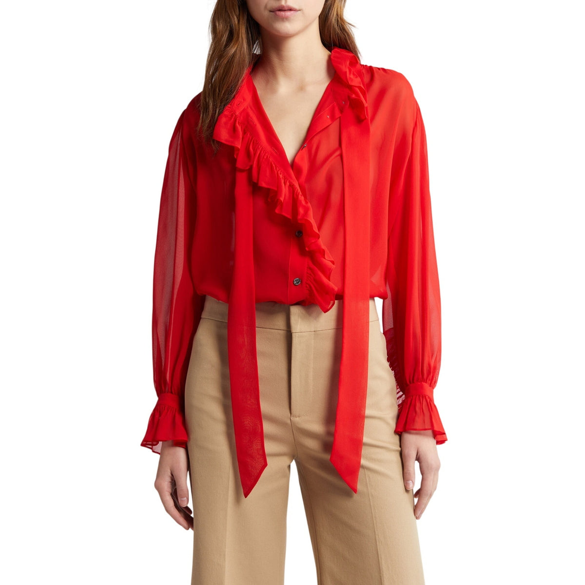 Frame Sheer Red Ruffle Silk Blouse Size S