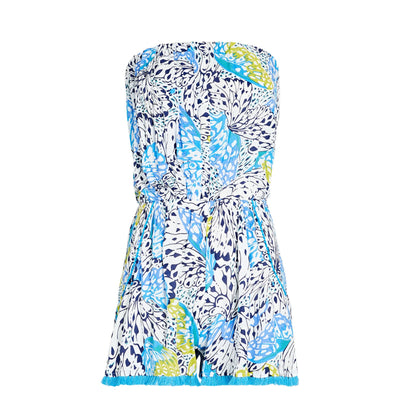 Poupette St Barth 'Ambra' Blue Strapless Fringe-Trimmed Playsuit Size M