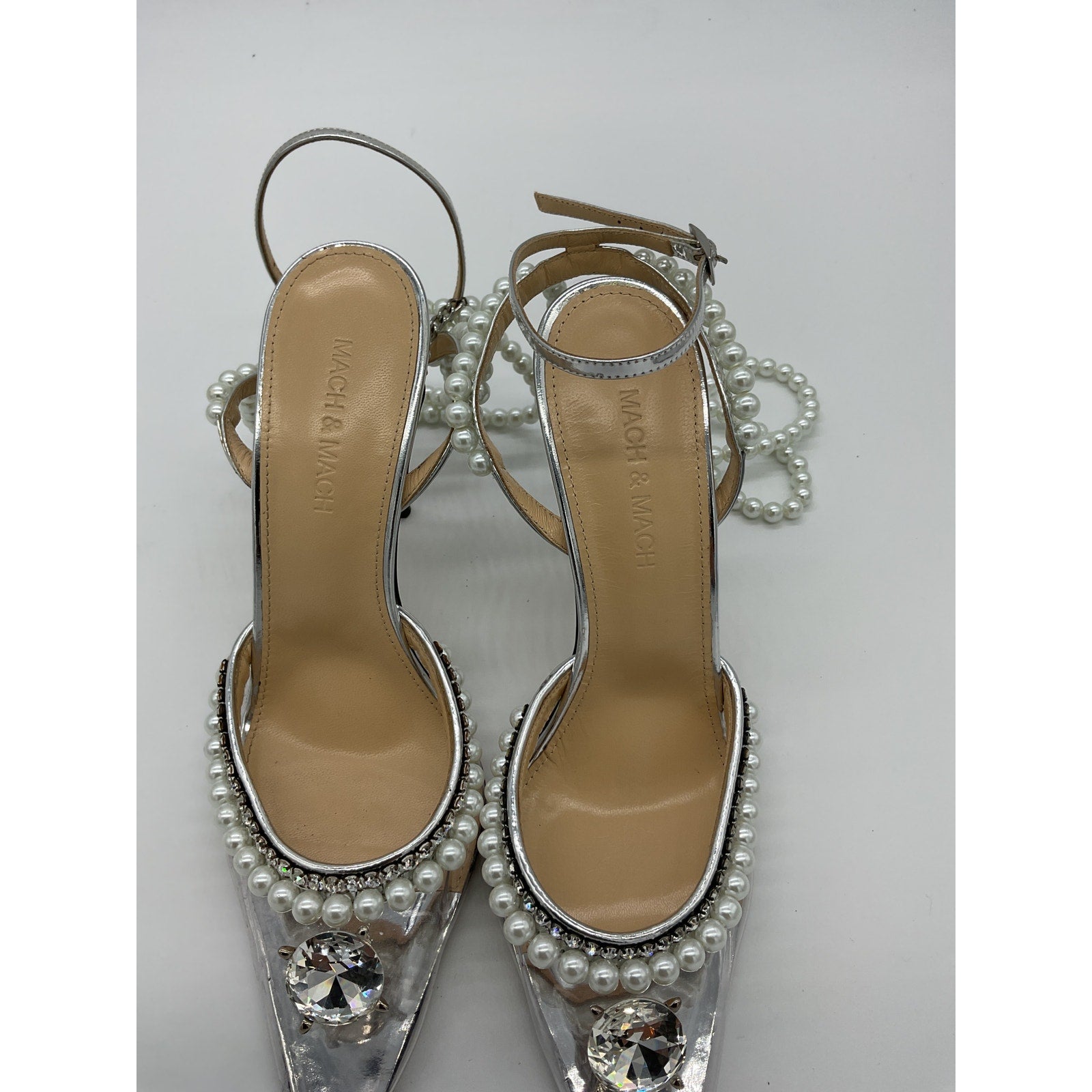 Mach & Mach Silver Leather Diamond Of Elizabeth Imitation Pearl Pointed Toe Pump Size 7.5