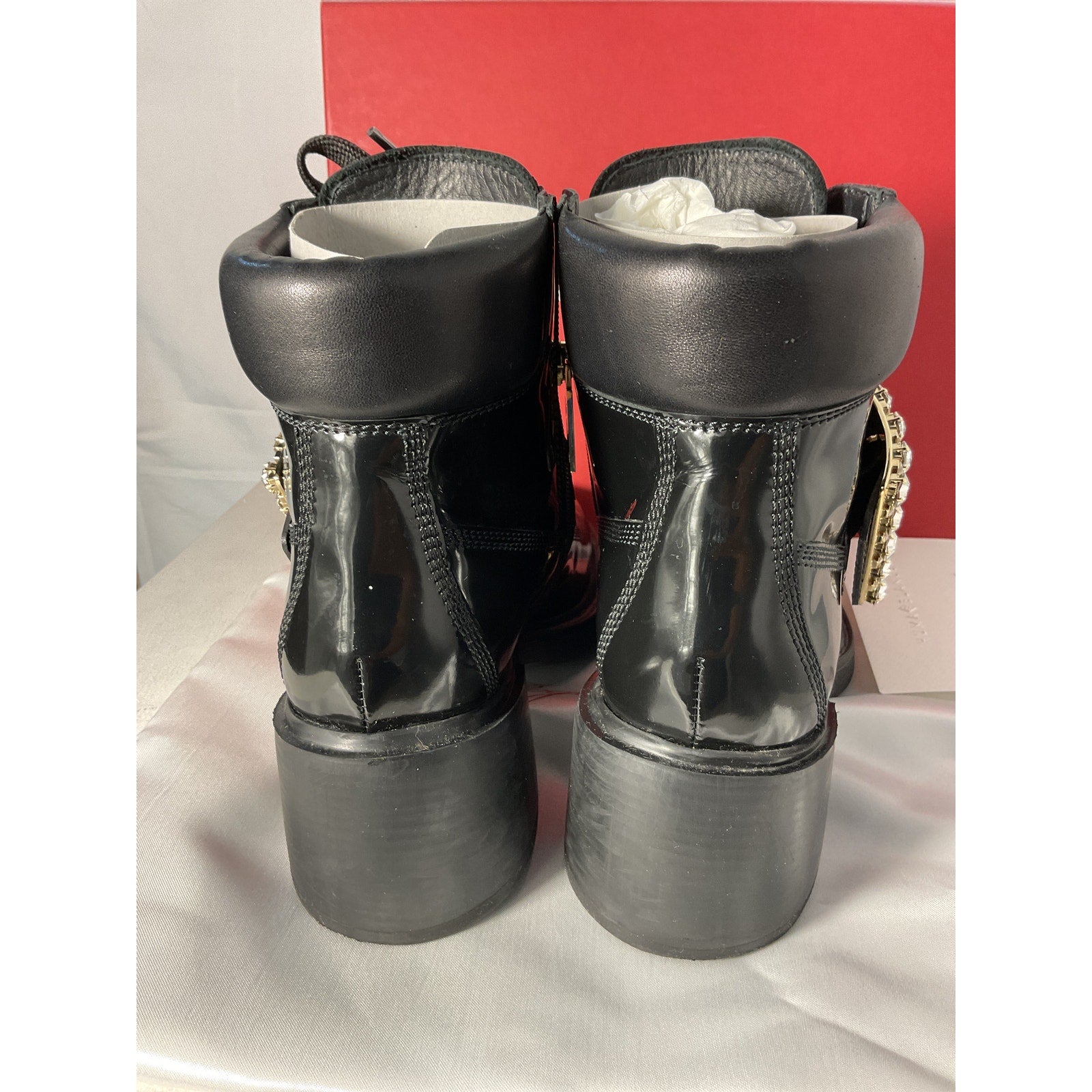 Roger Vivier Viv Black Leather Rangers Crystal Buckle Combat Boot Size 11
