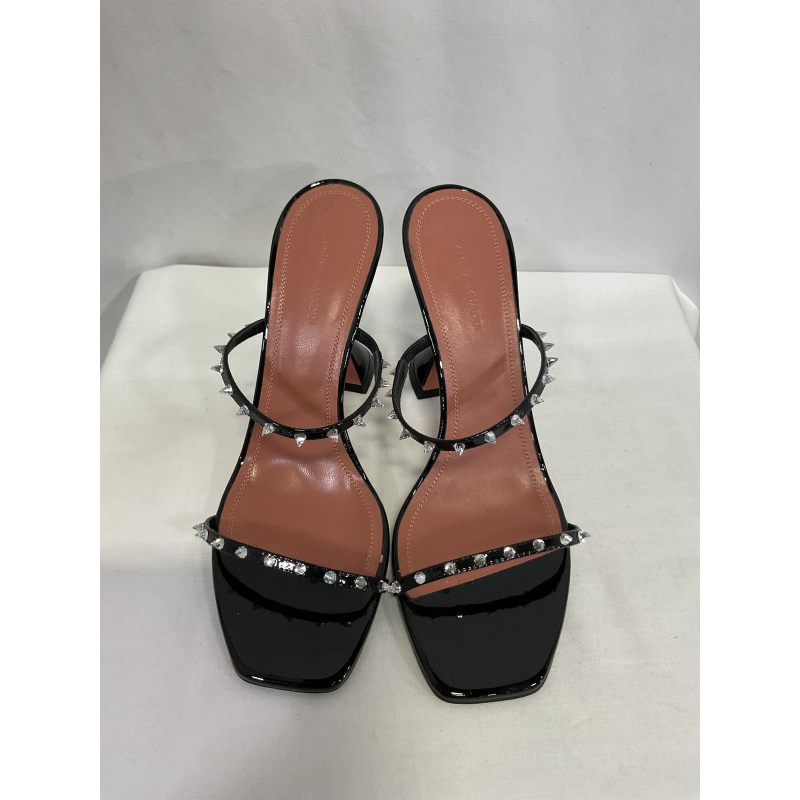 Amina Muaddi 'Karma' Black Tiger-Print Spike Slide Sandals Size 9/39