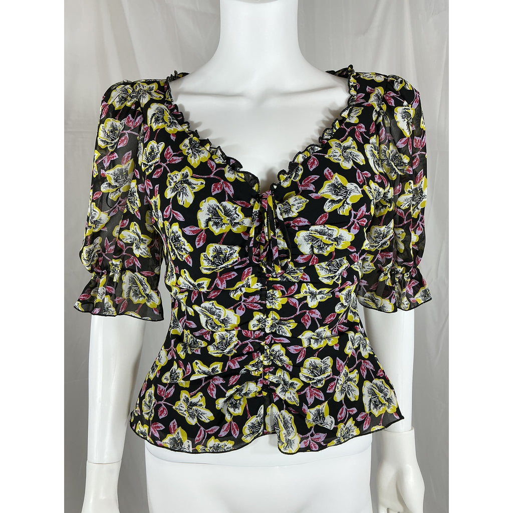 Cinq A Sept 'Kimberly' Black V-Neck Floral Print Short Sleeve Top Size S